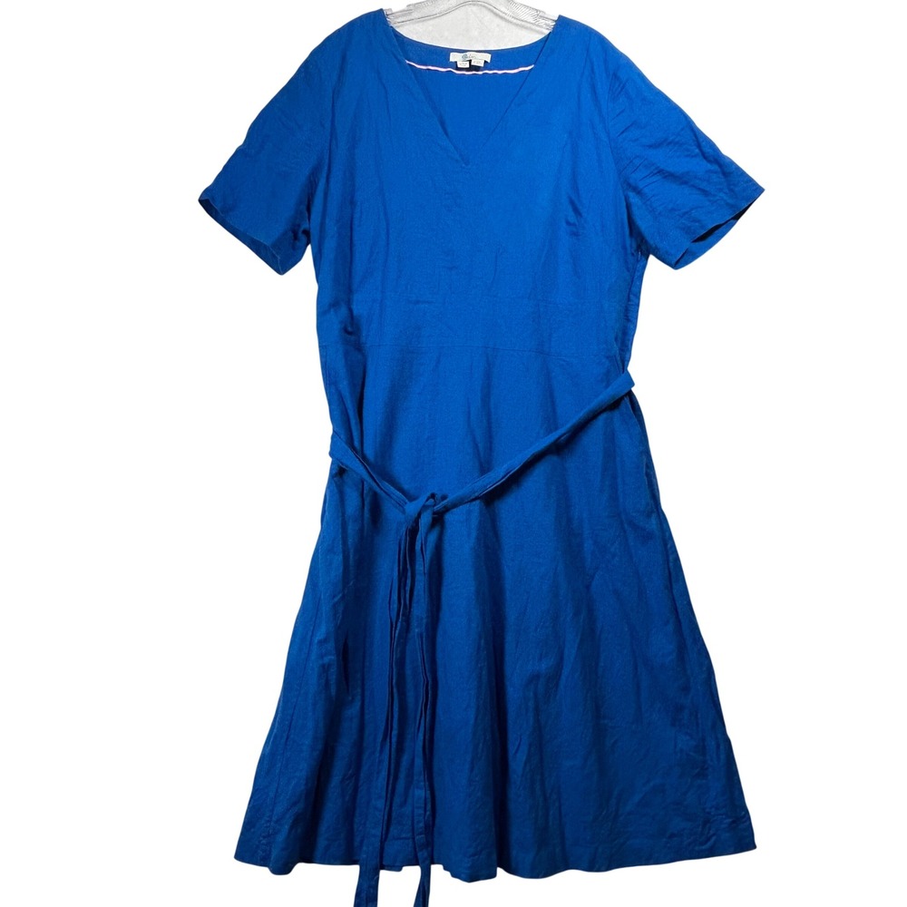 Boden Royal Blue Linen Cotton Blend V-Neck Midi Dress with Waist Tie US 16/18R
